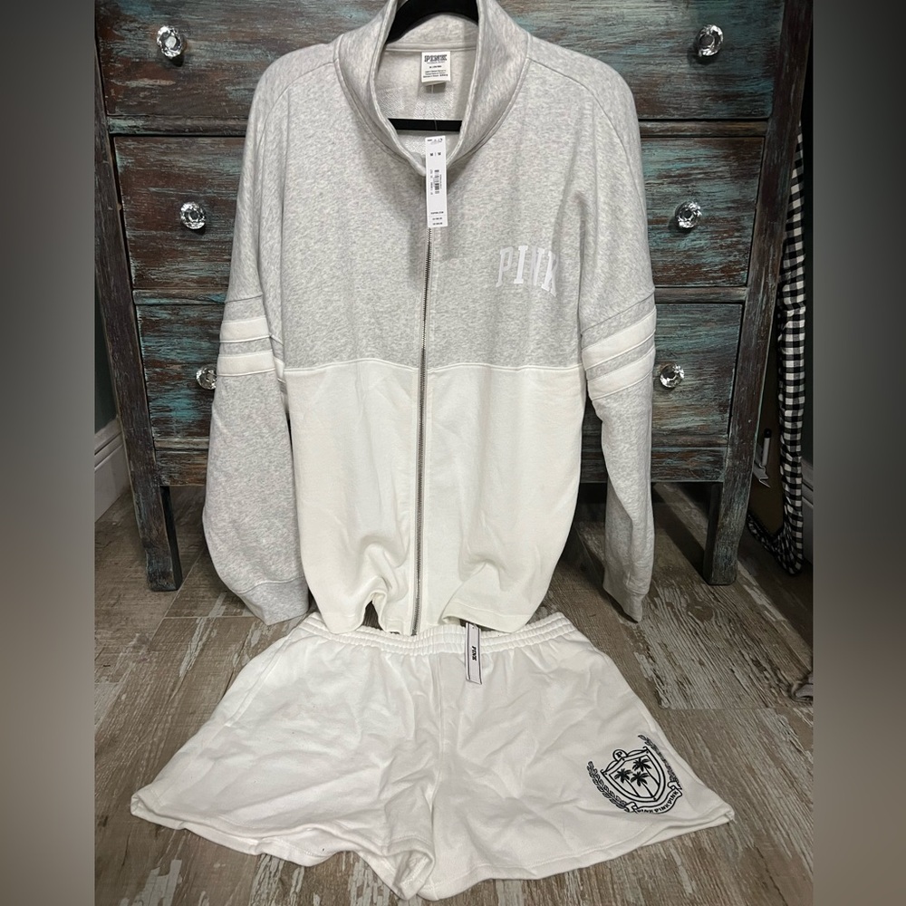NWT!VSPINK Varsity FullZip White/Gray Fleece Jacket/VSPINK Fleece White Short-M
